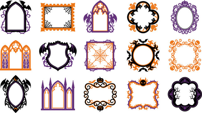 Set of fifteen halloween themed frames illustration, collection of spooky decorative borders with various designs on transparent background.