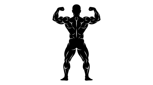 Muscular man silhouette, bodybuilder flexing, black icon, fitness symbol, workout graphic