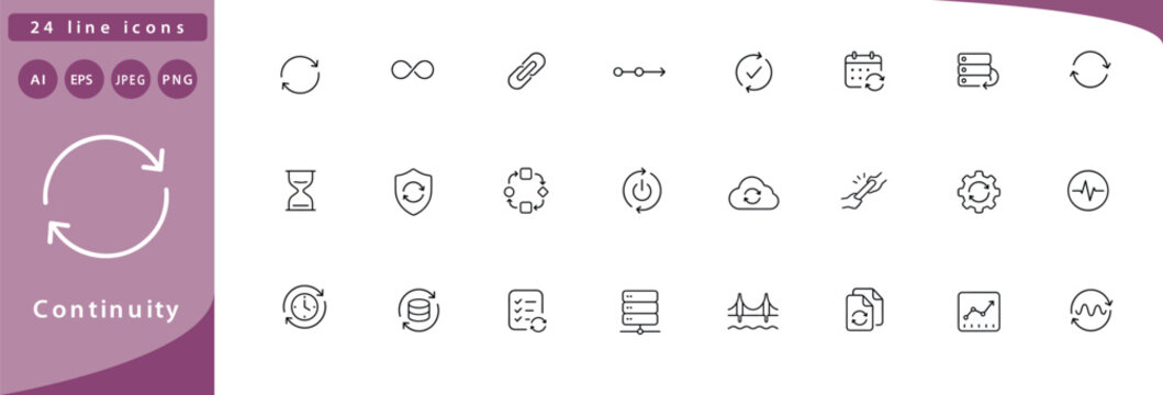 Continuity: circular arrows, infinity symbol, chain links, timeline arrow, loop with checkmark, calendar repeat, backup server, sync icon, hourglass, shield with refresh, flowchart loop, power button