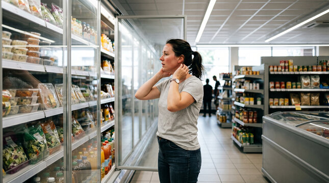 Woman cooling off by open refrigerator in supermarket aisle. Tired female shopper trying to cool down during summer heatwave
