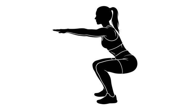 Fitness woman silhouette, squatting exercise, workout illustration, athletic pose
