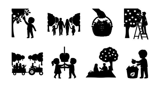 Apple Picking Icons, Orchard Harvest Silhouettes, Family Fruit Gathering Vector Set