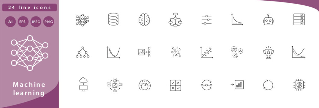 Machine learning: neural network, training data set, model brain, algorithm flowchart, weight slider, loss curve graph, robot head, labeled dataset, decision tree, gradient descent arrow, feature