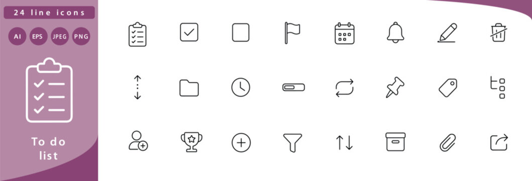 To do list: checklist clipboard, checkmark box, unchecked box, priority flag, calendar task, reminder bell, pen writing item, delete strikethrough, drag reorder arrows, category folder, due date