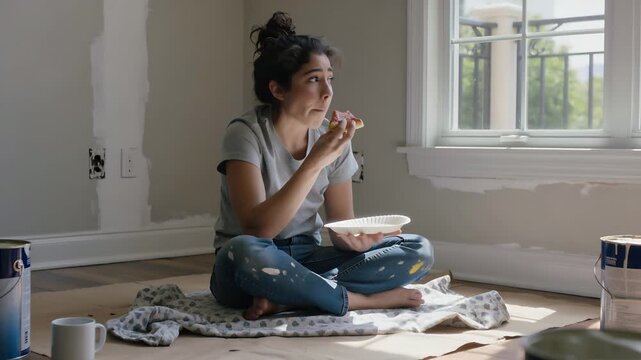 Pausing to eat, woman in painted leggings holding paper plate and gazing out window amid paint-cans