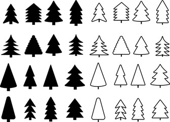 Obraz premium Christmas tree pine fir icons set. Winter holiday evergreen forest nature symbol collection. Black filled, outline line stroke flat vector.