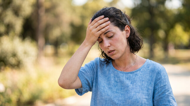 Exhausted woman touching her forehead while sweating in a park. Female suffering from heatstroke and dehydration during hot summer weather