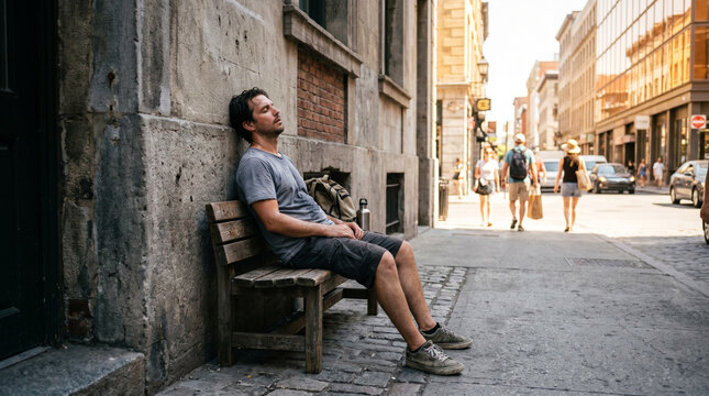 Exhausted sweating man resting on a city bench. Tired male leaning against a building wall on a hot summer day in urban environment