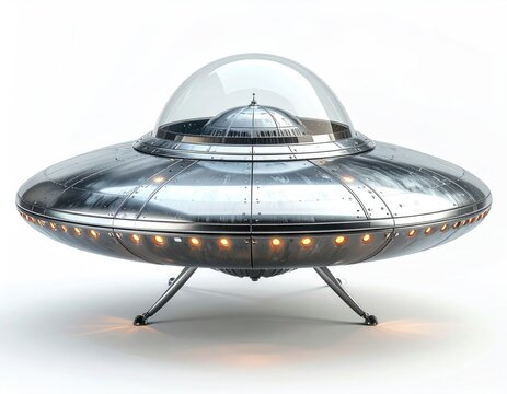 Gleaming, retro flying saucer with glass dome and illuminated rivets