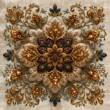 Symmetrical floral mandala embroidery with gold, silver and jewel-tone metallic thread on linen fabric, ornate close-up textile art