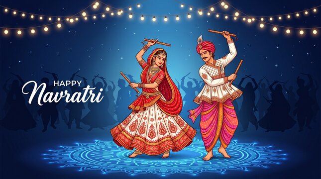 Happy Indian couple performing traditional garba dance on navratri festival celebration night with ethnic clothing and colorful folk background