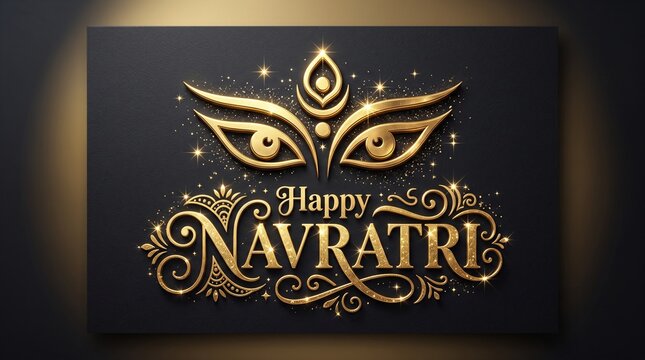 Elegant gold luxury navratri typography design with glowing goddess durga eyes on dark textured background for premium festival greeting