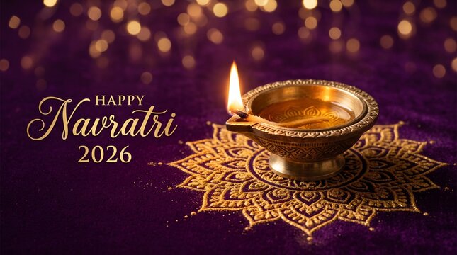 Happy navratri festive greeting background featuring traditional brass oil lamp with golden rangoli art for cultural holiday celebration