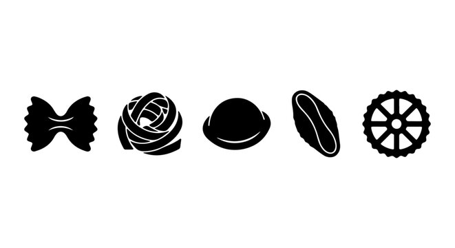 Italian Pasta Shapes Vector Icons, 5 Black Silhouettes of Farfalle, Fettuccine, Conchiglie, Orecchiette, Ruote