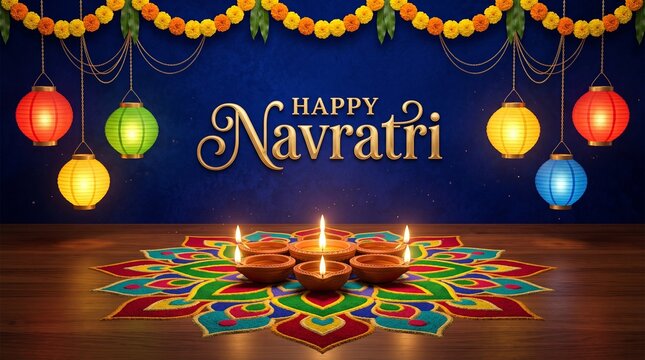 Indian couple performing traditional garba dance on navratri festival celebration night with ethnic clothing and colorful folk background