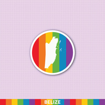 Belize LGBT pride sticker map, rainbow flag badge with white country silhouette. Perfect for Pride Month, travel graphics and inclusive apparel prints.