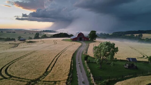 Approaching storm cell sweeping over golden fields, lightning flashing and misting near red barn