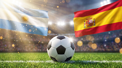 Naklejka premium Soccer ball on grass field center circle Argentina Spain flags waving in background stadium. Sports event, championship, competition, football match, and thrilling stadium atmosphere