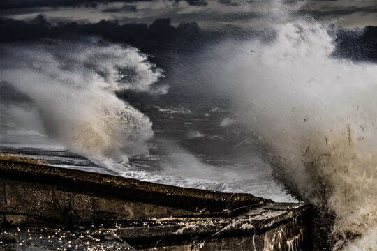 Gale force winds and high waves hit the coast during Storm Brendan in Cumbria on January 13, 2020