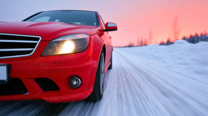 Naklejka premium Red luxury sedan driving on snowy winter road at sunset with headlights on in cold arctic conditions