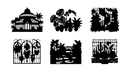 Fototapeta premium Botanical Greenhouse Silhouettes, Tropical Plant Scenes, Conservatory Vector Icons, Garden Elements