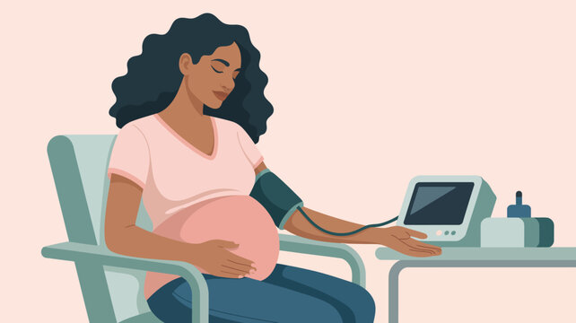 Pregnant woman calmly sits while a blood pressure monitor takes her vital signs