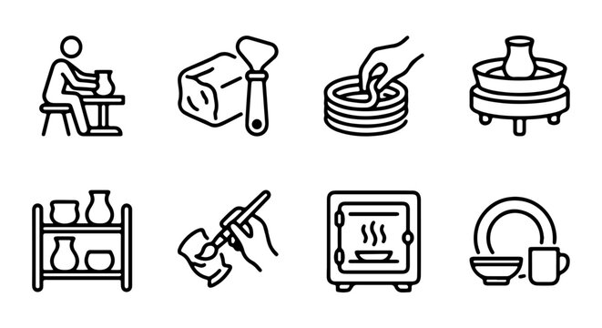 Pottery Making Icons: Ceramic Craft Process, Tools, and Finished Products Vector Set