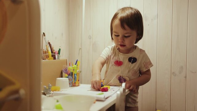 Little girl playing with colorful modeling clay at an activity table in her own room