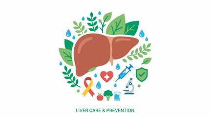 Naklejka premium Liver Care and Prevention with Medical Symbols and Green Leaves.