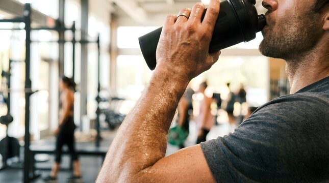 Athlete drinks a protein shake from a black bottle while training in a brightly lit modern gym facility.