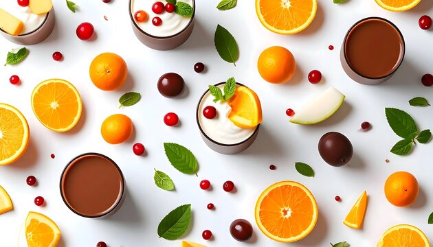 Fresh fruits and yogurt parfaits on white background.