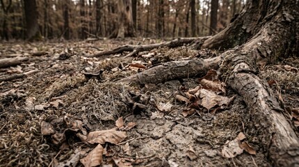 Fototapeta premium Dry cracked soil and exposed tree roots on forest floor. Parched ground with dead leaves indicating drought and heat suffering. Forest ecosystem stress concept