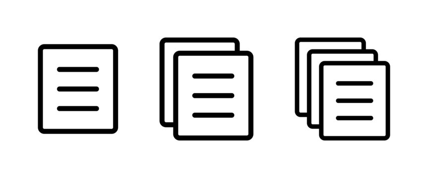 Document icon set. File symbol in minimal style with single and multiple page. Transparent vector and PNG