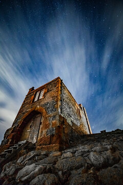 Starry skies over Roa Island and the historic watchtower on the Cumbrian coast