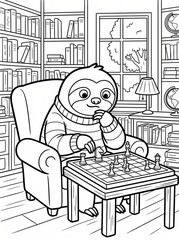 Fototapeta premium Coloring page, relaxed sloth playing on a wooden chess board.