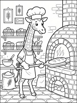 Coloring page, tall giraffe baking fresh baguette bread.