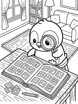 Coloring page, cute penguin looking at a stamp collection.