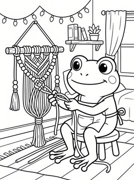 Coloring page, cute frog creating a macrame plant holder.