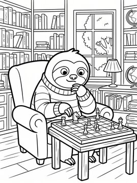 Coloring page, relaxed sloth playing on a wooden chess board.