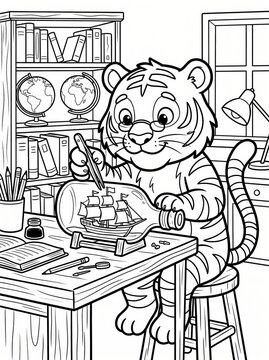 Coloring page, focused tiger building a ship in a bottle.