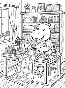 Coloring page, happy hippo sewing on a vintage machine.