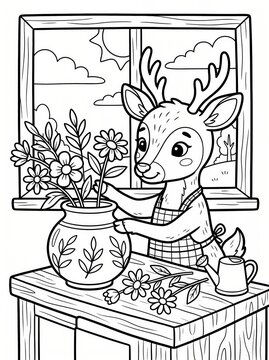 Coloring page, gentle deer arranging flowers in a vase.