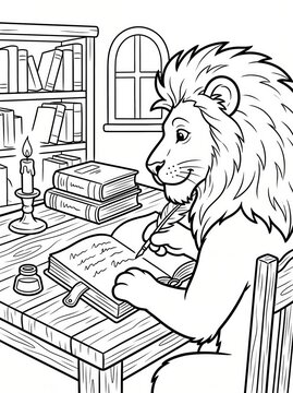 Coloring page, majestic lion writing in a diary with a quill.