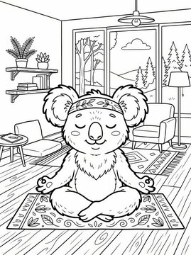 Coloring page, relaxed koala doing yoga on a mat.