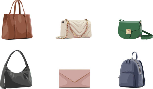 Modern women fashion handbags vector set with tote quilted shoulder bag crossbody purse clutch and backpack icons isolated on white background