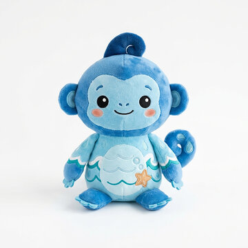 Cute blue plush monkey toy sitting isolated on white. Soft fluffy stuffed animal mascot for kids and baby gifts.