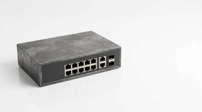 Gray metal network switch device with multiple ethernet ports isolated on a clean white background