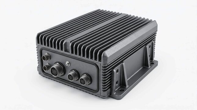 Industrial rugged computer hardware device featuring a metallic ribbed casing with multiple circular data ports attached