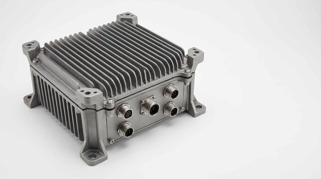 Industrial gray metal electronic computer module with circular connection ports and heavy cooling fin heat sinks