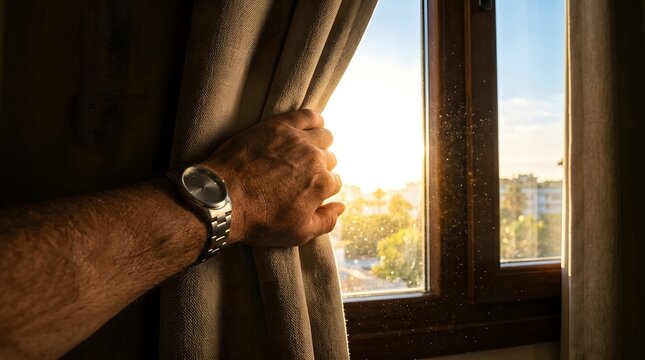 Arm with a metallic watch pulls the thick curtain to allow the radiant morning sun to shine through the window.